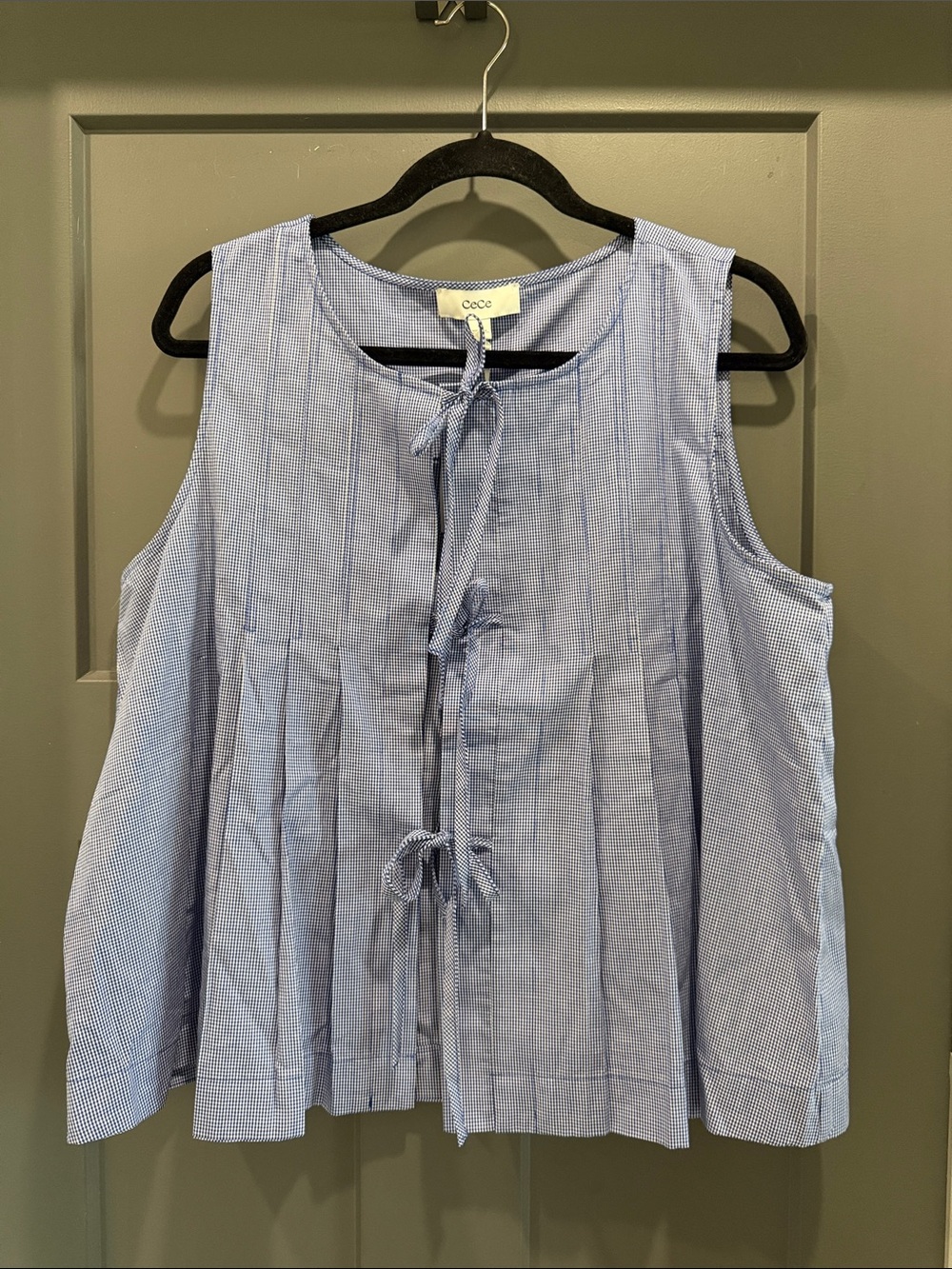 CeCe Light Blue Sleeveless Tie-Front Pleated Tank